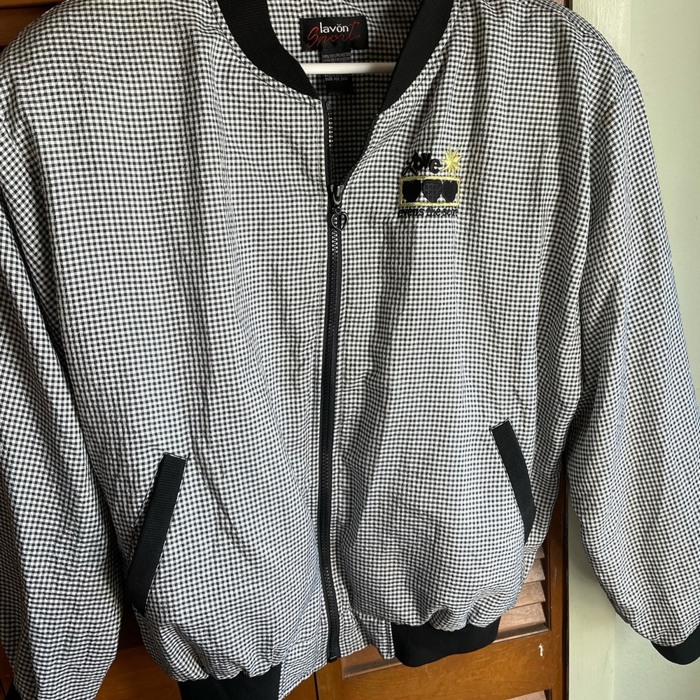 vintage lavon jacket with checkered print “love evens the score”